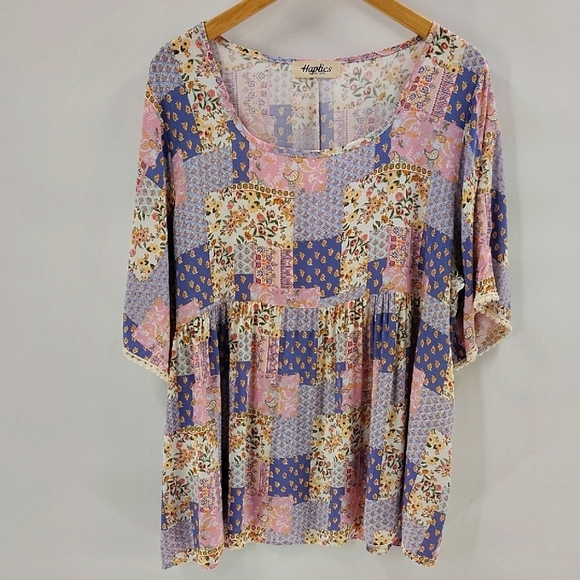 Haptics By Holly Harper Babydoll Top Size 1X Blue Pink Flowy Pullover Blouse - Picture 1 of 6